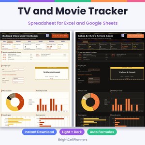 May include: A digital TV and Movie Tracker spreadsheet for Excel and Google Sheets titled Robin & Theo's Screen Room. The interface features light and dark mode versions with data tables, pie charts, bar graphs, and a section for Wallace & Gromit.