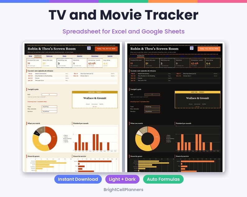 May include: A digital TV and Movie Tracker spreadsheet for Excel and Google Sheets titled Robin & Theo's Screen Room. The interface features light and dark mode versions with data tables, pie charts, bar graphs, and a section for Wallace & Gromit.