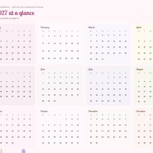May include: A digital 2027 calendar planner page titled 2027 at a glance. It features twelve monthly calendar grids arranged in a four-by-three layout, with a vertical navigation sidebar on the left containing labels like Index, Year, Jan, and Clients.