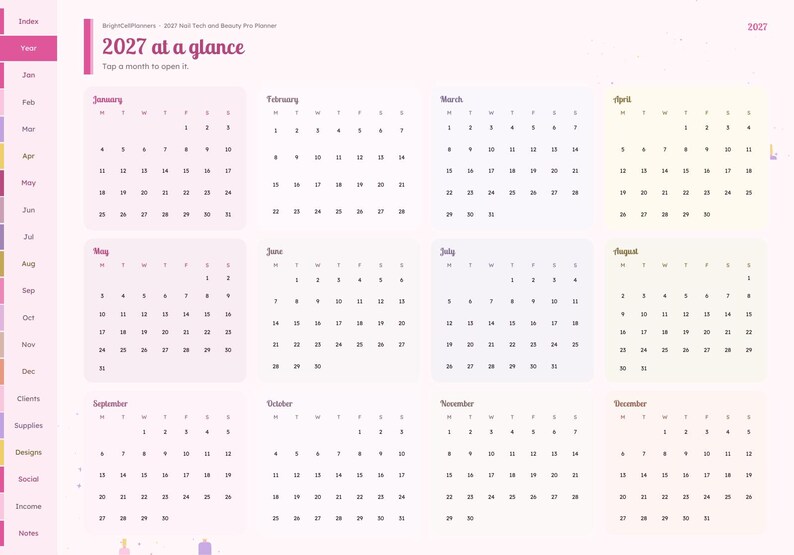 May include: A digital 2027 calendar planner page titled 2027 at a glance. It features twelve monthly calendar grids arranged in a four-by-three layout, with a vertical navigation sidebar on the left containing labels like Index, Year, Jan, and Clients.