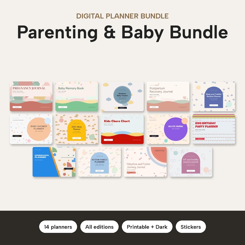 Puede incluir: Un paquete de planificadores digitales titulado Parenting & Baby Bundle que incluye 14 planificadores individuales, como el diario de embarazo, el libro de recuerdos del beb&eacute;, el rastreador de reci&eacute;n nacidos y el planificador de fiestas.