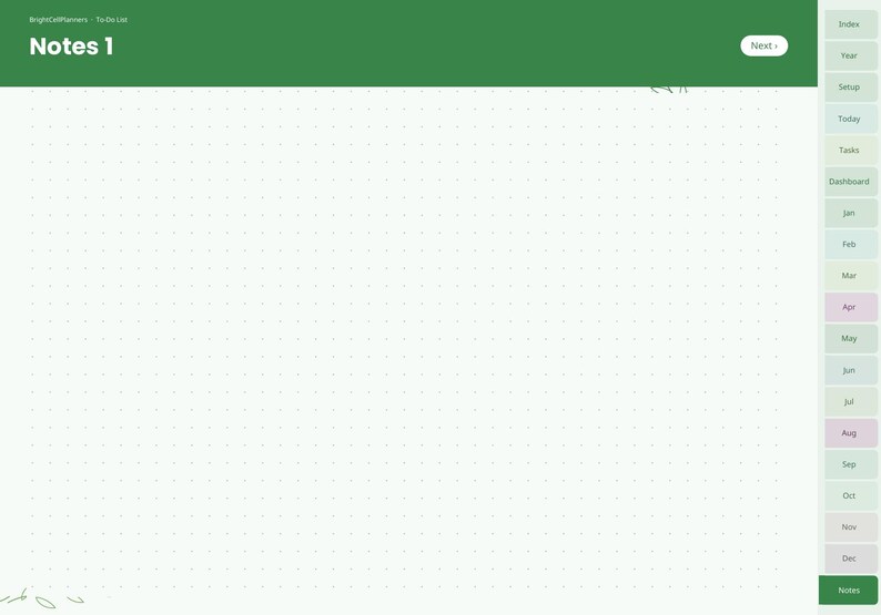 Puede incluir: Una p&aacute;gina de planificador digital con un encabezado verde etiquetado como Notes 1 y BrightCellPlanners - To-Do List. El &aacute;rea principal presenta un patr&oacute;n de cuadr&iacute;cula de puntos claro. Una barra lateral de navegaci&oacute;n vertical a la derecha enumera Index, Year, Setup, Today, Tasks, Dashboard y los meses de Jan a Dec.