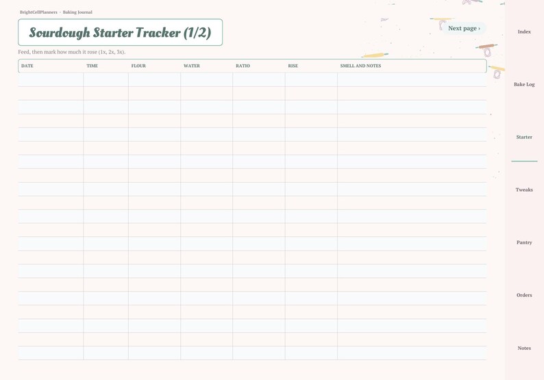 May include: A digital Sourdough Starter Tracker page with a light pink background. The header reads Sourdough Starter Tracker (1/2). Columns include Date, Time, Flour, Water, Ratio, Rise, and Smell and Notes. Tabs on the right include Index, Bake Log, Starter, Tweaks, Pantry, Orders, and Notes.