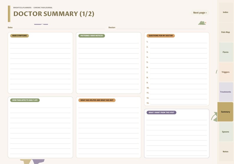 K&ouml;nnte beinhalten: Eine digitale Planerseite mit dem Titel DOCTOR SUMMARY (1/2) mit Abschnitten f&uuml;r Main Symptoms, Patterns I Have Noticed, Questions For My Doctor, How Pain Affects Daily Life, What Has Helped And What Has Not und What I Want From This Visit.