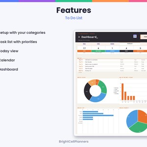May include: A digital to-do list dashboard interface featuring a task list with priorities, a calendar, and data visualization charts. The layout includes text labels for setup, today view, and dashboard, with a color-coded summary of tasks.
