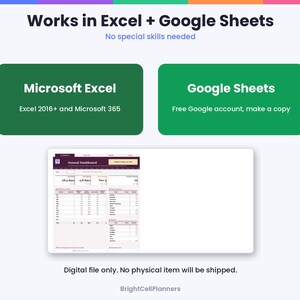 May include: A digital spreadsheet template featuring the text Works in Excel + Google Sheets. Two green rectangular boxes display Microsoft Excel and Google Sheets compatibility. A preview of an annual dashboard is shown below.