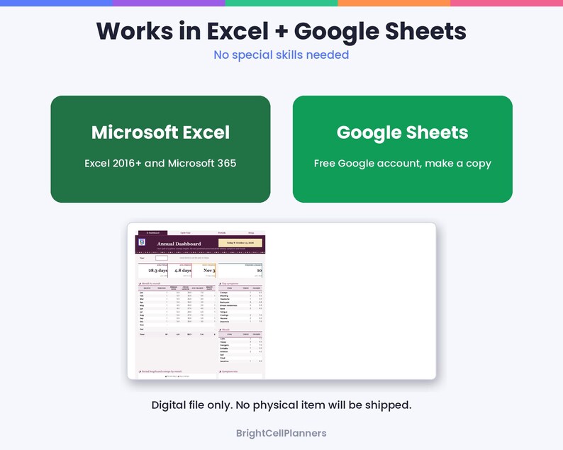 May include: A digital spreadsheet template featuring the text Works in Excel + Google Sheets. Two green rectangular boxes display Microsoft Excel and Google Sheets compatibility. A preview of an annual dashboard is shown below.