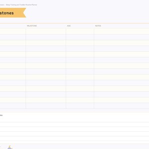 May include: A digital planner page titled Milestones with a yellow header. The layout features a table with columns for Date, Milestone, Age, and Notes, followed by a section for additional notes. A sidebar lists Index, Little One, Naps, Sleep Training, Potty, Meals, Milestones, and Notes.