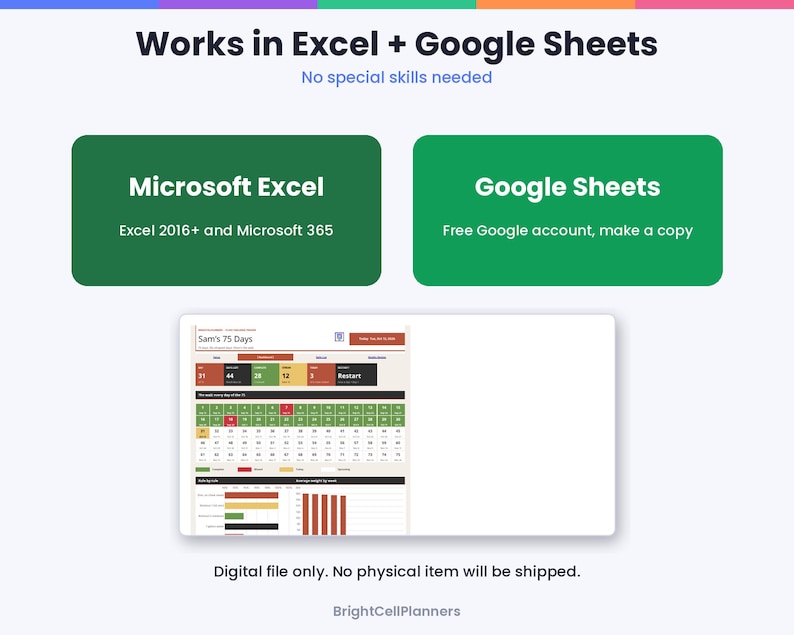 Może przedstawiać: Cyfrowy arkusz kalkulacyjny zatytułowany Sam's 75 Days, kompatybilny z Microsoft Excel 2016+ i Google Sheets. Grafika przedstawia ciemnozielone pola z wymaganiami oprogramowania oraz podgląd kolorowego pulpitu nawigacyjnego z danymi.