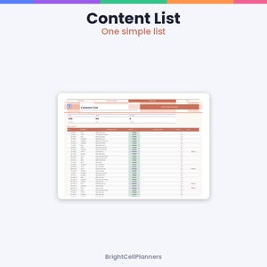 May include: A digital content list planner template featuring a white background with terracotta orange headers. The document includes the text Content List, One simple list, and BrightCellPlanners, with a table tracking content status.
