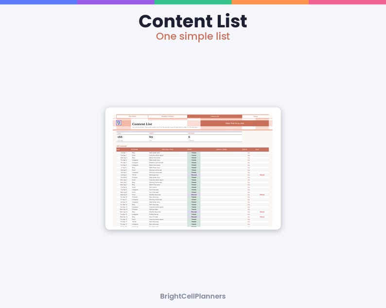 May include: A digital content list planner template featuring a white background with terracotta orange headers. The document includes the text Content List, One simple list, and BrightCellPlanners, with a table tracking content status.