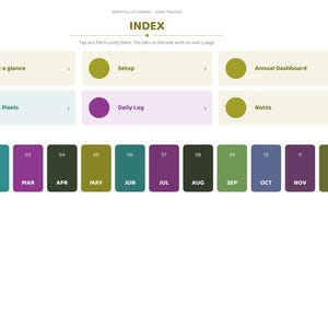 May include: A digital planner index page titled INDEX with navigation buttons for Year at a glance, Setup, Annual Dashboard, Year in Pixels, Daily Log, and Notes. Below are twelve rectangular buttons for months labeled JAN through DEC.