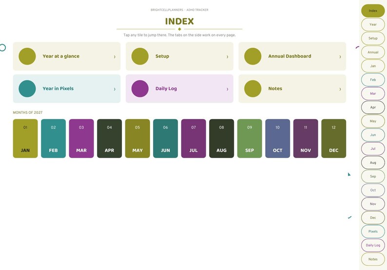 May include: A digital planner index page titled INDEX with navigation buttons for Year at a glance, Setup, Annual Dashboard, Year in Pixels, Daily Log, and Notes. Below are twelve rectangular buttons for months labeled JAN through DEC.