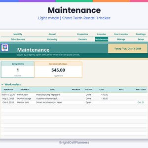 K&ouml;nnte beinhalten: Ein digitaler Wartungs-Tracker f&uuml;r Kurzzeitvermietungen im Light-Modus. Die Benutzeroberfl&auml;che zeigt ein Dashboard mit Reitern f&uuml;r monatliche, j&auml;hrliche und Objektdaten, ein offenes Problem und Reparaturkosten in H&ouml;he von 545,00 f&uuml;r das Jahr.