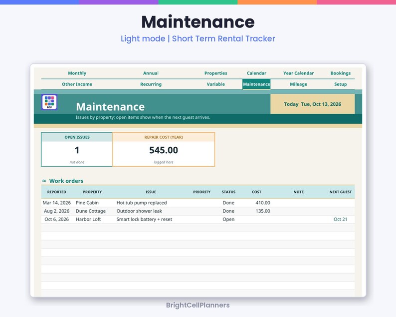 K&ouml;nnte beinhalten: Ein digitaler Wartungs-Tracker f&uuml;r Kurzzeitvermietungen im Light-Modus. Die Benutzeroberfl&auml;che zeigt ein Dashboard mit Reitern f&uuml;r monatliche, j&auml;hrliche und Objektdaten, ein offenes Problem und Reparaturkosten in H&ouml;he von 545,00 f&uuml;r das Jahr.
