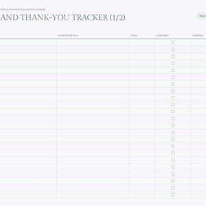 Puede incluir: Una p&aacute;gina de planificador digital para funerales y servicios conmemorativos titulada Guest and Thank-You Tracker (1/2). El dise&ntilde;o incluye columnas para nombre, flores o regalos, comida, tarjetas enviadas con casillas de verificaci&oacute;n y direcci&oacute;n, junto con una barra de navegaci&oacute;n lateral.
