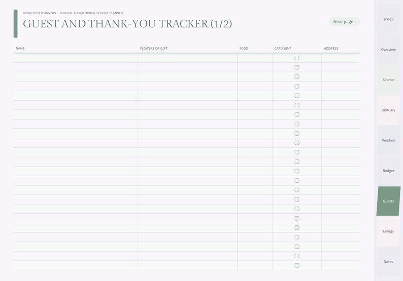 Puede incluir: Una p&aacute;gina de planificador digital para funerales y servicios conmemorativos titulada Guest and Thank-You Tracker (1/2). El dise&ntilde;o incluye columnas para nombre, flores o regalos, comida, tarjetas enviadas con casillas de verificaci&oacute;n y direcci&oacute;n, junto con una barra de navegaci&oacute;n lateral.
