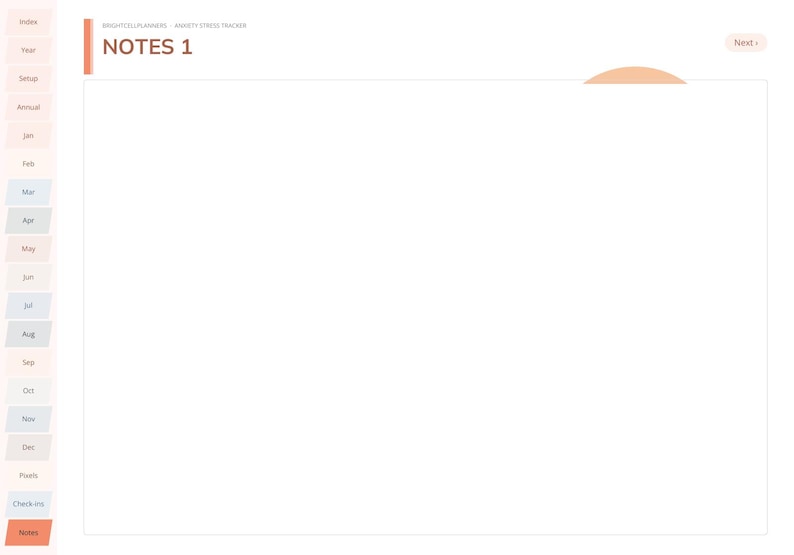 Peut inclure: Une page de planificateur num&eacute;rique intitul&eacute;e NOTES 1 avec une barre lat&eacute;rale contenant des onglets de navigation pour Index, Year, Setup, Annual, les mois de Jan &agrave; Dec, Pixels, Check-ins et Notes. Un grand espace blanc pour &eacute;crire.