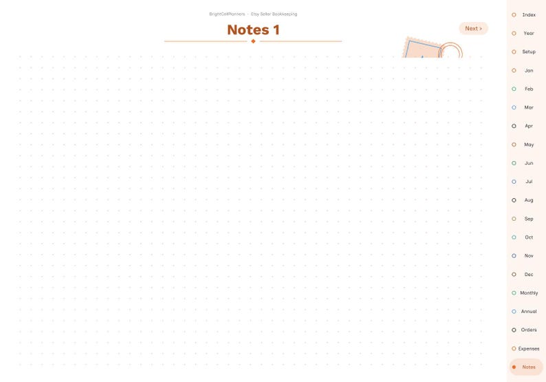 May include: A digital planner page titled Notes 1 with a light-colored dot grid background. The right side features a vertical navigation bar with labels including Index, Year, Setup, months from Jan to Dec, Monthly, Annual, Orders, Expenses, and Notes.
