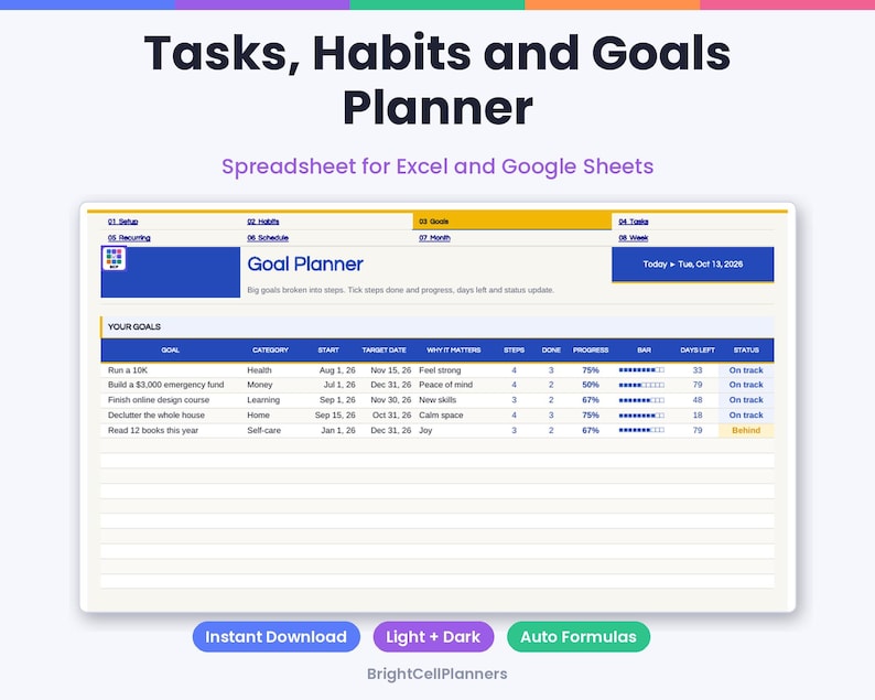 May include: A digital Tasks, Habits and Goals Planner spreadsheet for Excel and Google Sheets. The interface displays a Goal Planner table with columns for goal, category, start, target date, steps, progress, and status. Includes buttons for Instant Download, Light + Dark, and Auto Formulas.