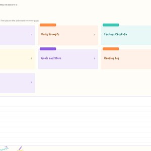 May include: A digital journal interface titled INDEX with colorful rectangular navigation tiles labeled All About Me, Daily Prompts, Feelings Check-In, Drawing Pages, Goals and Stars, Reading Log, and Notes, plus a lined Quick Notes section.