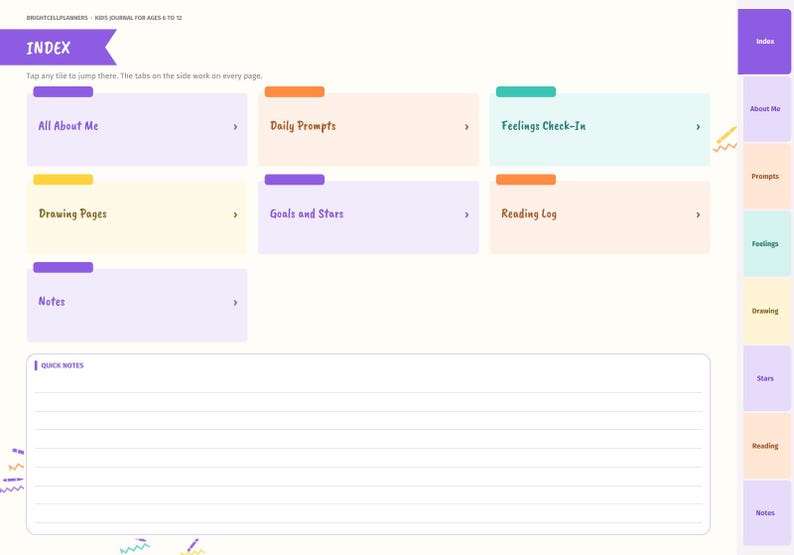 May include: A digital journal interface titled INDEX with colorful rectangular navigation tiles labeled All About Me, Daily Prompts, Feelings Check-In, Drawing Pages, Goals and Stars, Reading Log, and Notes, plus a lined Quick Notes section.