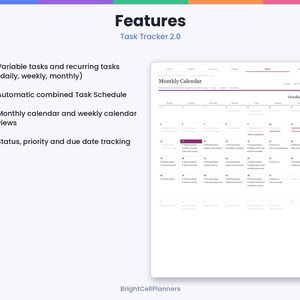 以下が含まれることがあります： BrightCellPlannersによるTask Tracker 2.0というタイトルのデジタルタスク管理インターフェース。レイアウトには、色付きアイコンが付いた4つの機能リストと、2026年10月のタスク項目が表示された月間カレンダービューが含まれています。