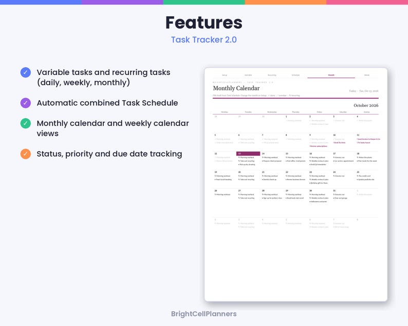 以下が含まれることがあります： BrightCellPlannersによるTask Tracker 2.0というタイトルのデジタルタスク管理インターフェース。レイアウトには、色付きアイコンが付いた4つの機能リストと、2026年10月のタスク項目が表示された月間カレンダービューが含まれています。
