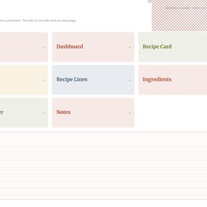 May include: A digital index page featuring a grid of rectangular navigation tiles labeled Setup, Dashboard, Recipe Card, Recipes, Recipe Lines, Ingredients, Sales Tracker, and Notes. A sidebar with navigation tabs and a Quick Notes section.