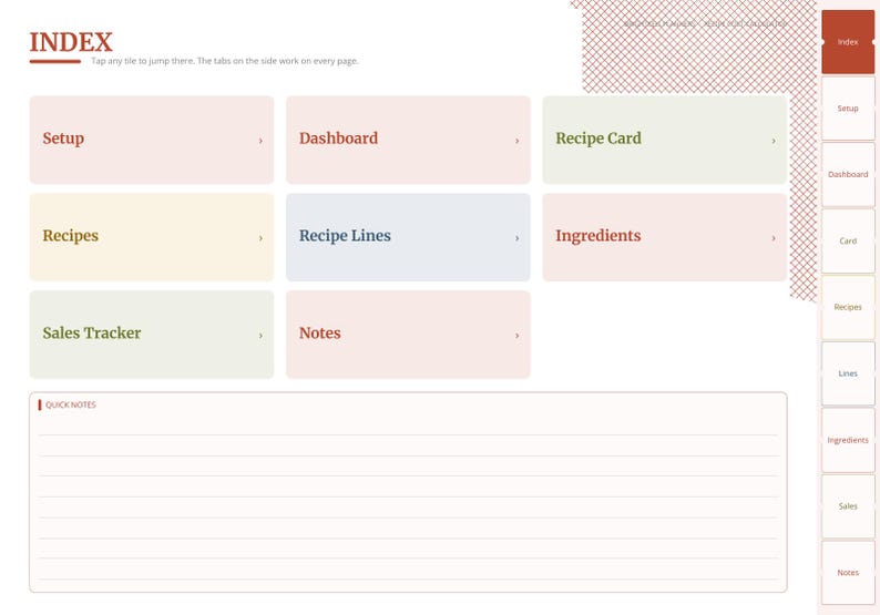 May include: A digital index page featuring a grid of rectangular navigation tiles labeled Setup, Dashboard, Recipe Card, Recipes, Recipe Lines, Ingredients, Sales Tracker, and Notes. A sidebar with navigation tabs and a Quick Notes section.