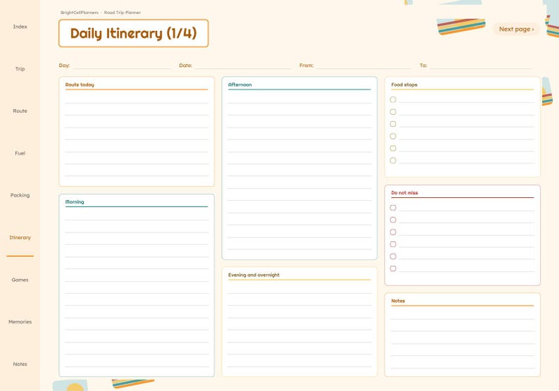 K&ouml;nnte beinhalten: Eine digitale Tagesreiseplaner-Seite mit cremefarbenem Hintergrund. Die Abschnitte umfassen Route today, Morning, Afternoon, Evening and overnight, Food stops, Do not miss und Notes. Der Text lautet Daily Itinerary (1/4).