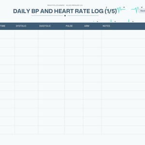 May include: A digital daily blood pressure and heart rate log template featuring a dark blue header with columns for date, time, systolic, diastolic, pulse, arm, and notes. The right side displays a vertical navigation menu with tabs.