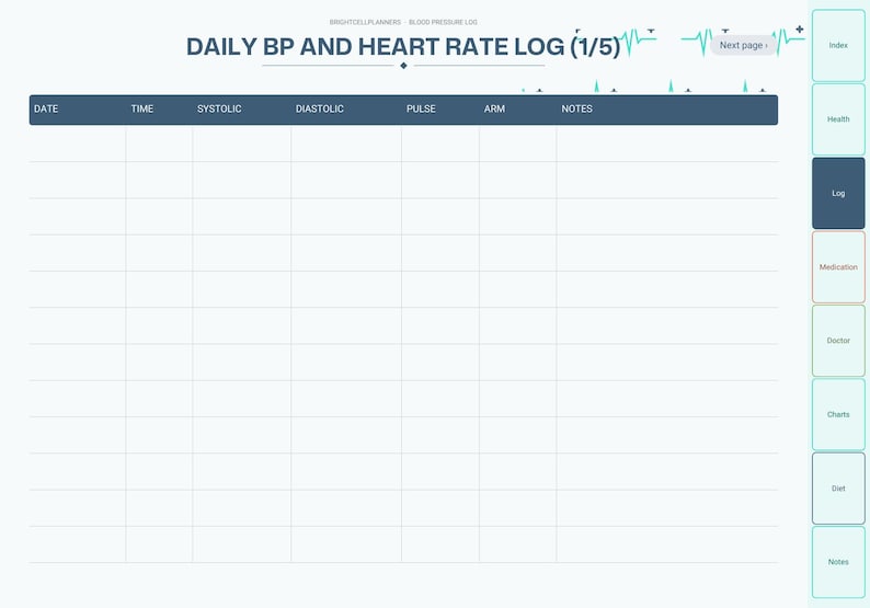 May include: A digital daily blood pressure and heart rate log template featuring a dark blue header with columns for date, time, systolic, diastolic, pulse, arm, and notes. The right side displays a vertical navigation menu with tabs.