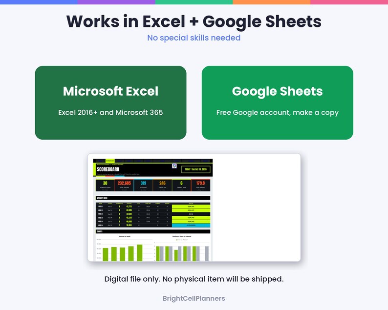 May include: A digital scoreboard template compatible with Microsoft Excel 2016+ and Google Sheets. The interface features a dark theme with neon green accents, displaying weekly data, numerical metrics, and bar charts for tracking performance.