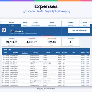Op de afbeelding: Een digitaal boekhoudspreadsheet voor huurwoningen met de titel Expenses. De interface toont financi&euml;le gegevens met tabbladen voor maandelijkse, jaarlijkse en 5-jarige overzichten, inclusief een tabel met datums, eigendommen en bedragen.