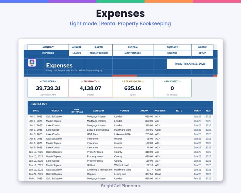 Op de afbeelding: Een digitaal boekhoudspreadsheet voor huurwoningen met de titel Expenses. De interface toont financi&euml;le gegevens met tabbladen voor maandelijkse, jaarlijkse en 5-jarige overzichten, inclusief een tabel met datums, eigendommen en bedragen.