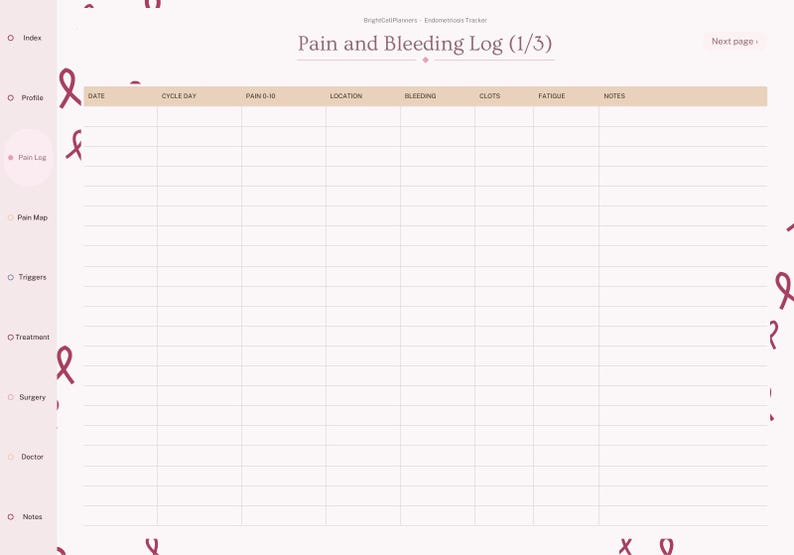 May include: A digital Pain and Bleeding Log planner page with a light pink background and dark pink ribbon icons. The table includes columns for date, cycle day, pain, location, bleeding, clots, fatigue, and notes. Text reads Pain and Bleeding Log (1/3).