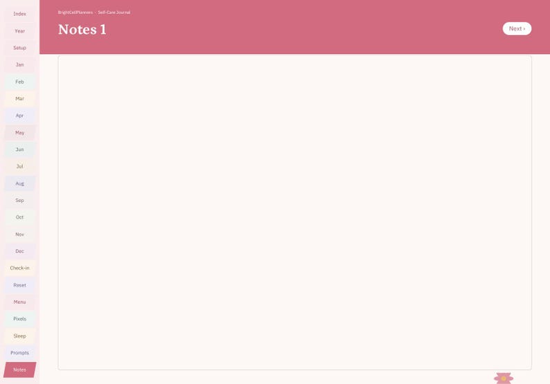 May include: A digital planner page titled Notes 1 with a rose-coloured header and a white writing area. A vertical navigation sidebar on the left features tabs labelled Index, Year, Setup, Jan through Dec, Check-in, Reset, Menu, Pixels, Sleep, Prompts, and Notes.