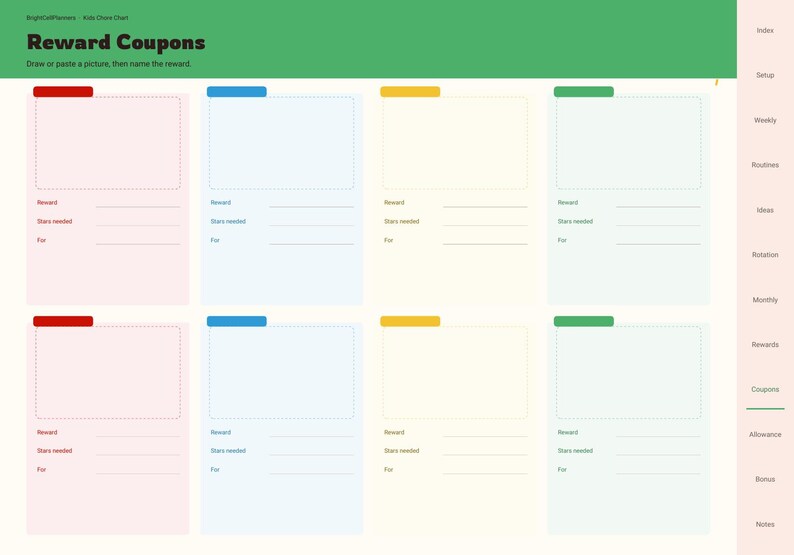 May include: A digital reward coupon chart with a green header labelled Reward Coupons. It features eight rectangular cards in pink, blue, yellow, and green, each with spaces for a reward name, stars needed, and a description for the reward.
