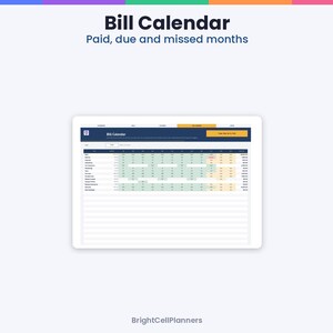 May include: A digital bill calendar spreadsheet displayed on a tablet screen. The interface features a dark blue header with the text Bill Calendar, Paid, due and missed months, and BrightCellPlanners at the bottom of the image.