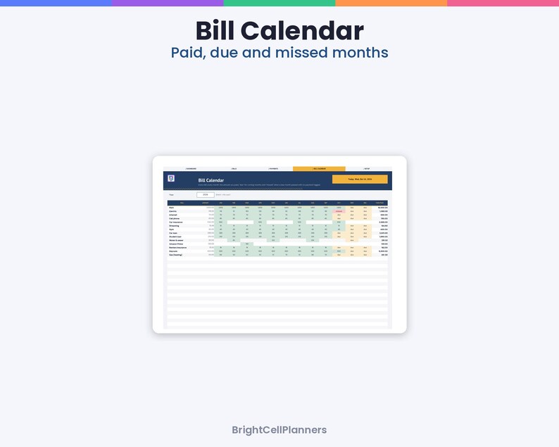 May include: A digital bill calendar spreadsheet displayed on a tablet screen. The interface features a dark blue header with the text Bill Calendar, Paid, due and missed months, and BrightCellPlanners at the bottom of the image.