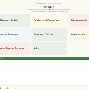 May include: A digital planner index page titled INDEX with a sidebar and sections labeled My Classroom Budget, Purchase and Receipt Log, Reimbursements, Grants and Donations, Classroom Wish List, Supply Inventory, Educator Expense Summary, and Notes.
