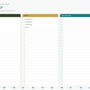 May include: A 2027 Ramadan planner page titled EID PREP with three columns for Before Eid, Eid Day, and Menu and Guests. Each section features checkboxes and lined spaces for notes. The right side includes a vertical tabbed navigation menu.