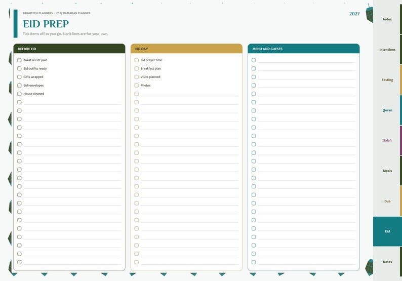 May include: A 2027 Ramadan planner page titled EID PREP with three columns for Before Eid, Eid Day, and Menu and Guests. Each section features checkboxes and lined spaces for notes. The right side includes a vertical tabbed navigation menu.