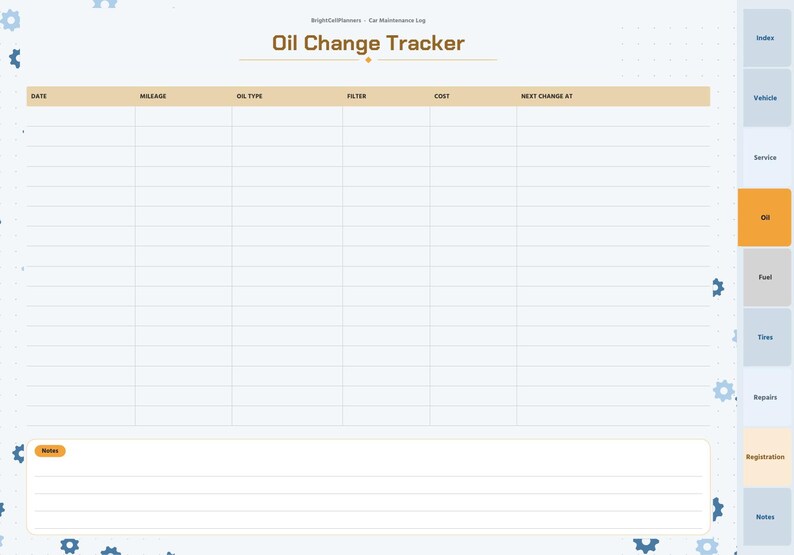 May include: A digital Oil Change Tracker log page with a light blue background and gear icons. The header reads Oil Change Tracker. Columns include Date, Mileage, Oil Type, Filter, Cost, and Next Change At. A notes section is at the bottom.
