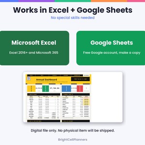 K&ouml;nnte beinhalten: Eine digitale Jahres-Dashboard-Tabellenvorlage, kompatibel mit Microsoft Excel 2016+ und Google Sheets. Die Benutzeroberfl&auml;che zeigt gelbe, schwarze, gr&uuml;ne, blaue und rote Bereiche mit Finanzdaten, Monatssummen und Rechnungs&uuml;bersichten.