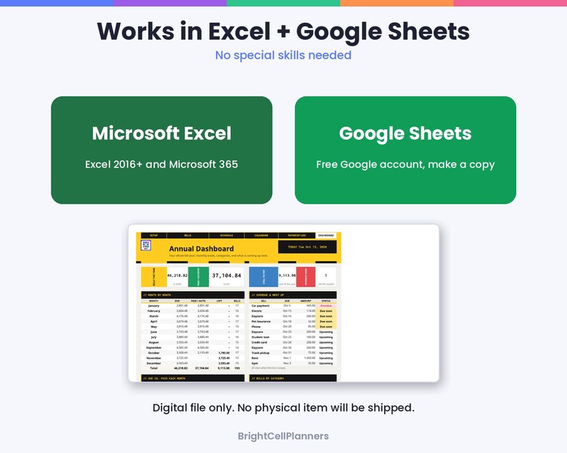 K&ouml;nnte beinhalten: Eine digitale Jahres-Dashboard-Tabellenvorlage, kompatibel mit Microsoft Excel 2016+ und Google Sheets. Die Benutzeroberfl&auml;che zeigt gelbe, schwarze, gr&uuml;ne, blaue und rote Bereiche mit Finanzdaten, Monatssummen und Rechnungs&uuml;bersichten.