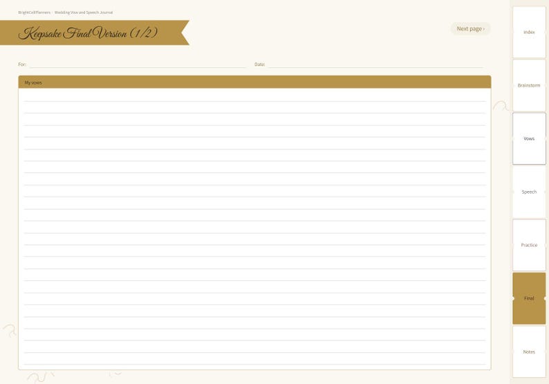 May include: A digital journal page titled Keepsake Final Version (1/2) with a gold header and horizontal lines for writing. The layout includes fields for For and Date, and a vertical navigation tab on the right labeled Final.