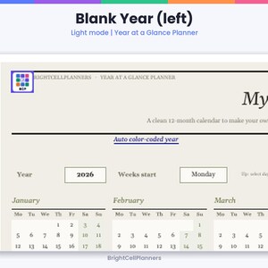 K&ouml;nnte beinhalten: Eine digitale Planerseite mit dem Titel Blank Year (left) im hellen Modus. Das Layout enth&auml;lt ein Feld f&uuml;r das Jahr 2026, eine Einstellung f&uuml;r den Wochenbeginn am Montag sowie monatliche Kalenderraster f&uuml;r Januar, Februar und M&auml;rz.