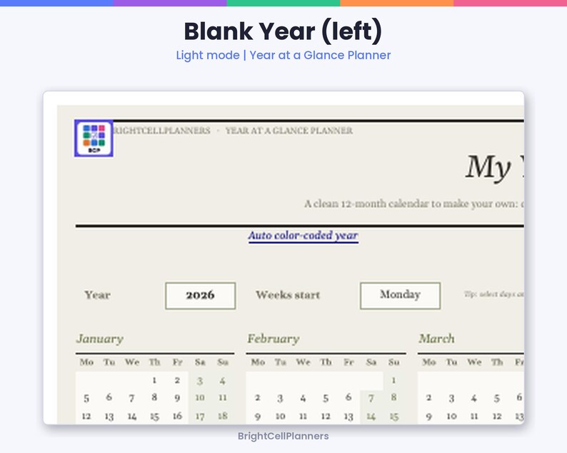 K&ouml;nnte beinhalten: Eine digitale Planerseite mit dem Titel Blank Year (left) im hellen Modus. Das Layout enth&auml;lt ein Feld f&uuml;r das Jahr 2026, eine Einstellung f&uuml;r den Wochenbeginn am Montag sowie monatliche Kalenderraster f&uuml;r Januar, Februar und M&auml;rz.